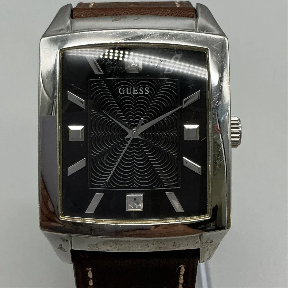 Guess Mens Watch 35mm Black Dial Brown Leather Rectangle Dress New Battery